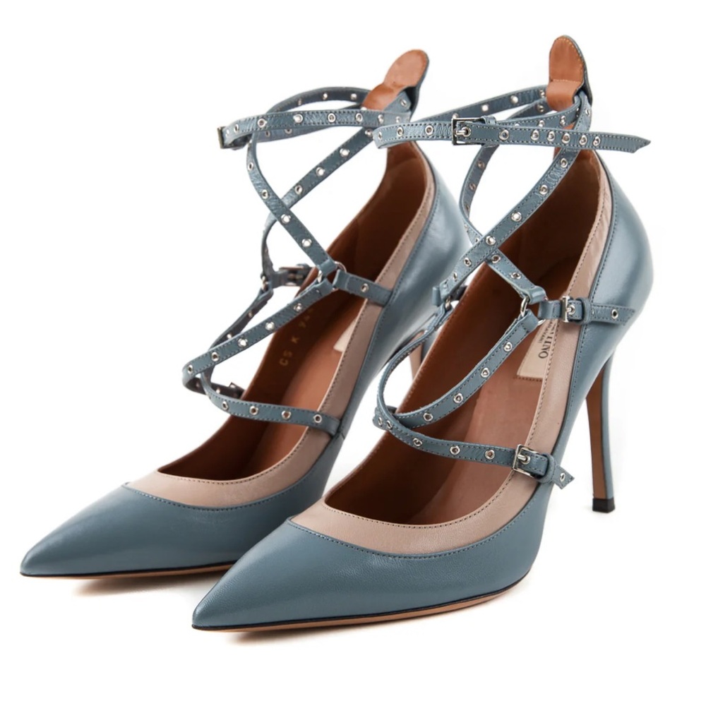 Valentino Garavani blue tan leather ankle strap pumps, size EU 36/ US 6.5